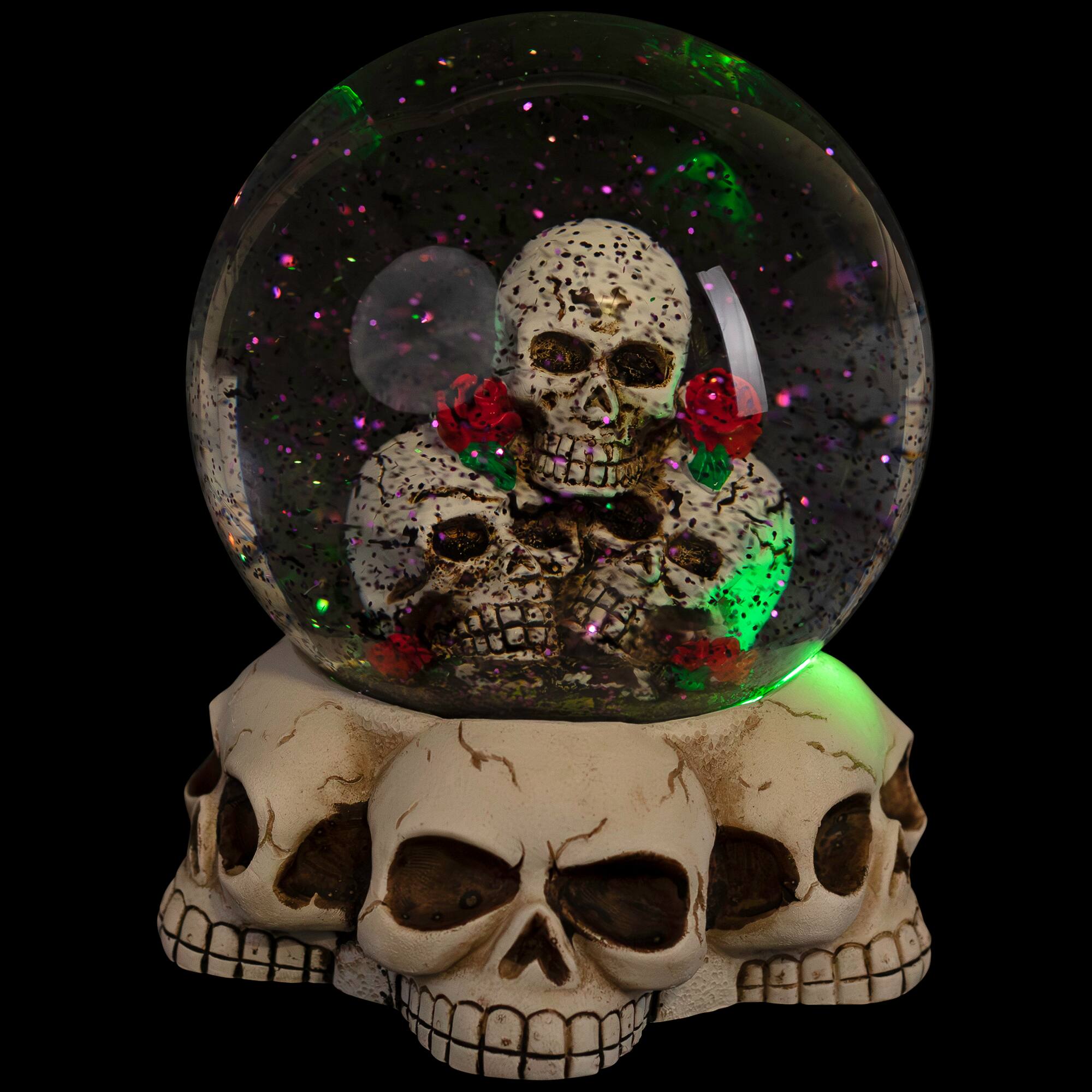 LED Lighted Skulls and Roses Halloween Snow Globe with Sound - 6"